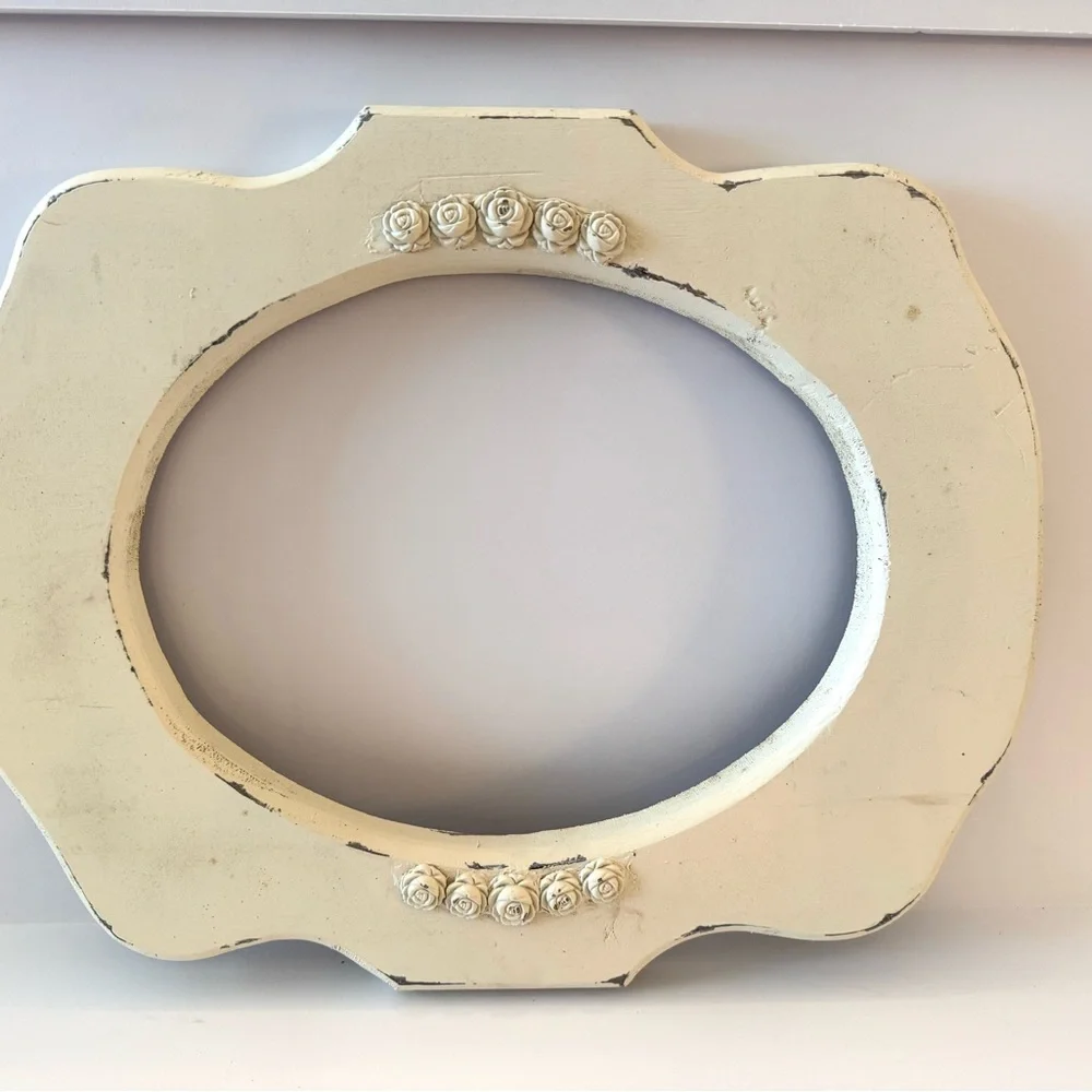 Vintage Chunky White Wooden frame with Roses Shabby Chic Wood wall Cottagecore